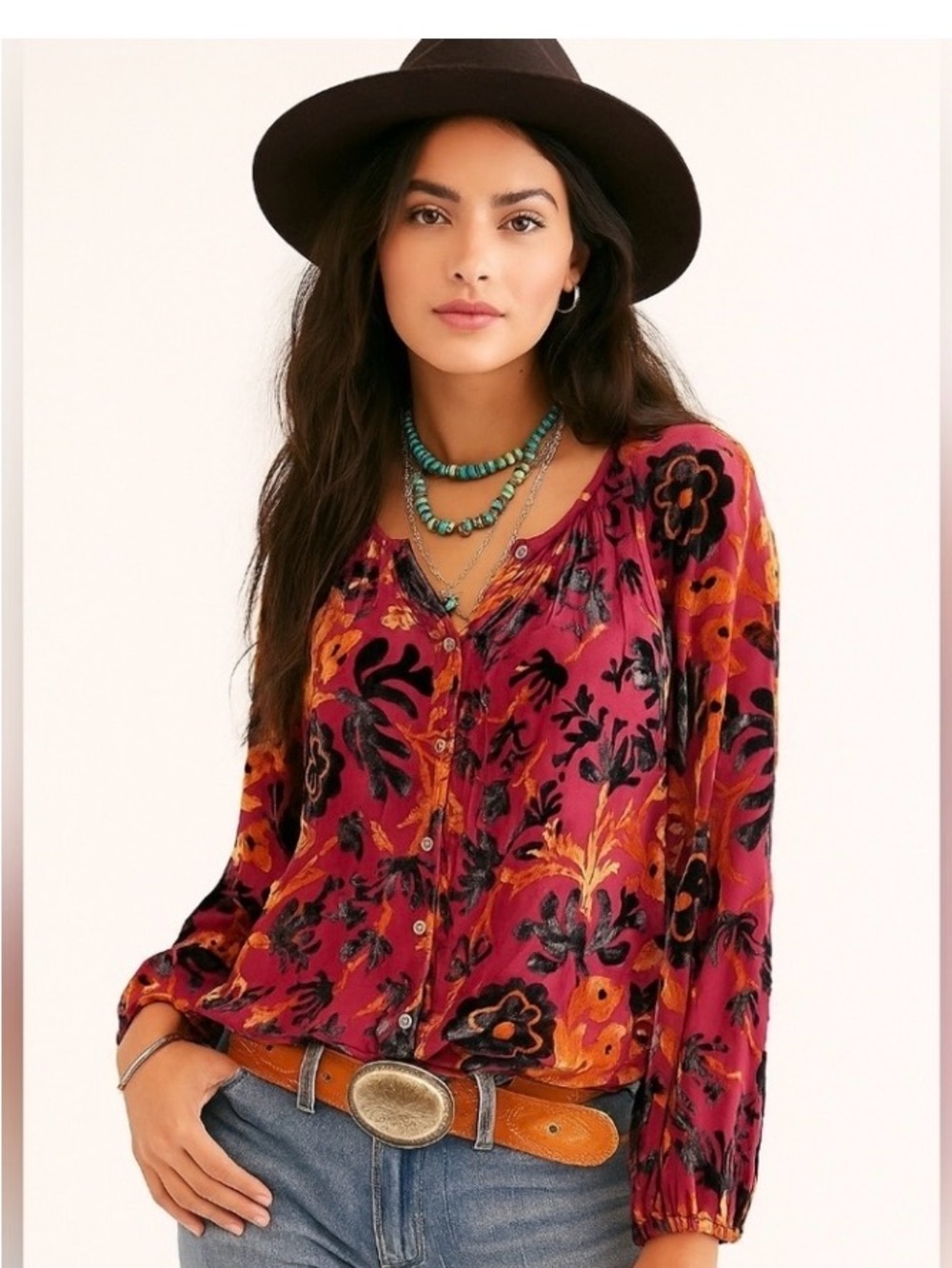 Sundance Floral Velvet Burnout Blouse in Magenta, Black & Gold